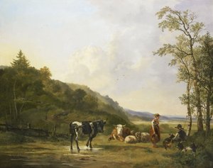 Maisema, jossa on karjapaimenia ja karjaa tekijältä Pieter Gerardus van Os