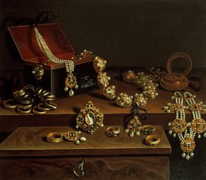 Jalokiviarkku pöydällä, pääasiassa saksalaista alkuperää (1600-50)