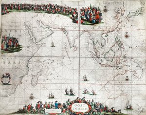Itä-Intian kartta, noin 1666 (värillinen kaiverrus).