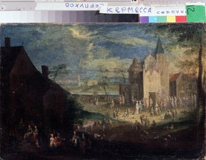 ""Kermesse kylän paikalla"" (Kermis) Kaupunkimaisema Flanderissa. Peter Gyselsin (1621-1690) Serpukhovin maalaus, Venäjän valtion historian ja taiteen museo