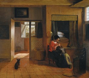 Sisustus, jossa äiti tuhoaa lapsensa hiuksia Äidin velvollisuus, 1659-1660