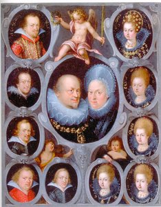 Herttua Fredrik I (1557-1608) (r. 1593-1608) ja Württembergin herttuatar Sibylla sekä kymmenen heidän lastaan.