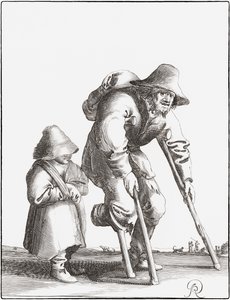 Rajautunut kerjäläinen lapsen kanssa (kaiverrus) tekijältä Pieter Jansz (after) Quast