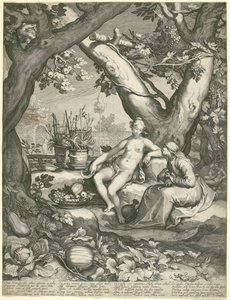 Vertumnus lainaa vanhan naisen hahmoa voittaakseen Pomonas-rakkauden, 1605 (kaiverrus paperille) tekijältä Pieter Janszoon Saenredam