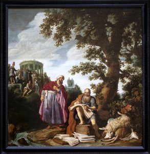 Hippokrates (Cosista, 460-370 eKr.) vierailee Demokriittissa (Abderesta 460-370 eKr.). Pieter Lastmanin (1583-1633) maalaus Öljy kankaalle