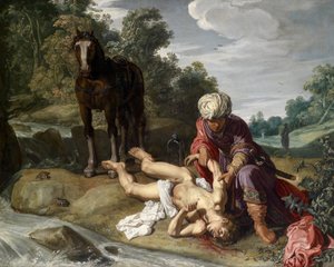 Laupias samarialainen hoitaa kulkijan haavoja (Luuk. 10:25-37). tekijältä Pieter Lastman