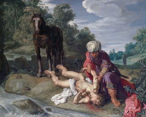 Laupias samarialainen hoitaa kulkijan haavoja (Luuk. 10:25-37). tekijältä Pieter Lastman