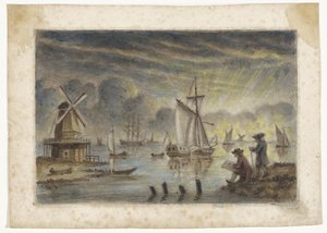 Rannikkonäkymä laivoilla, tuulimyllyllä ja piirtäjällä tekijältä Pieter Louw (attributed to)