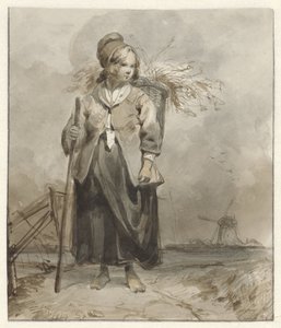 Seisova nainen kepillä ja korilla takana tekijältä Pieter Marinus van de Laar (attributed to)