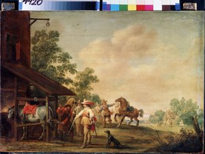 Forge (A Forge). Farrier (farrier) laittaa hevosenkengän. Pieter Meulenaerin maalaus (Peter tai Pierre