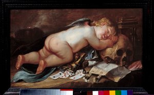 Rakastan kuoleman pään päällä nukkumista. Pieter Moninckxin (1606 - 1686) maalaus (vanite) Ec. Flam. tekijältä Pieter Moninckx
