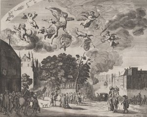 Kaarle II saapumassa Haagiin vaunussa, jossa Mauritshuit oikealla, Verhasta..., 1660. tekijältä Pieter Philippe