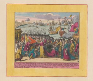 Wolfenbüttelin prinsessa Elisabeth Christinen saapuminen Mutaroon, 1708 Wolfenbutelin prinsessa Elisabetin saapuminen Espanjan kuningattaren (...) (otsikko esineessä) Sotateatteri, kuningas Kaarle II:n alku. Kuningas Karel de I asti tekijältä Pieter Schenk (I)