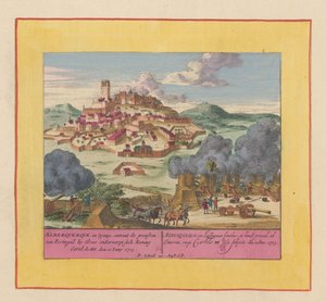 Albuquerquen piiritys 1705 Alberquerque, Espanjassa, Portugalin rajalla Elvasissa, alistaa itsensä kuningas Carel III:lle, 10. kesäkuuta 1705 (otsikko esineessä) Sotateatteri, kuningas Kaarle II:n alku. Nähdään King Karissa tekijältä Pieter Schenk (I)