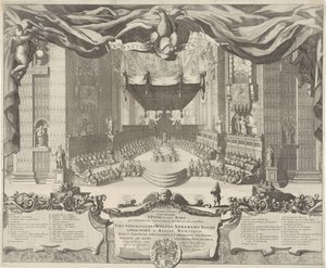 Gezicht in de Sint-Pietersbasiliek Teatteri, joka edustaa rikoksia, jotka tapahtuvat Pyhän Pietarin temppelissä Rooman kaupungissa (otsikko esineessä) tekijältä Pieter Schenk (I)