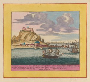 Anglo-hollantilaisen laivaston Gibraltarin valtaus, 1704 Pr. valloitti Gibraltar. van Hesse Darmstadt, maihinnousun Eng-miliisin kanssa: en Holl: Adm:n alla: Rooke ja Callenberg den 4. elokuuta 1704 (...) (otsikko esineessä) Teatteri