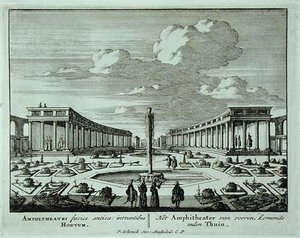 Klassinen amfiteatteri puutarhassa, "Admirandorum Quadruplex Spectaculum", kirjoittanut Jan van Call (1656-1703), julkaistu ennen vuotta 1715 (kaiverrus) tekijältä Pieter Schenk