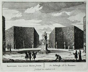 Kuusikulmainen pensasaita faun-suihkulähteen vieressä, "Admirandorum Quadruplex Spectaculum", kirjoittaja Jan van Call (1656-1703), julkaistu ennen vuotta 1715 (kaiverrus) tekijältä Pieter Schenk