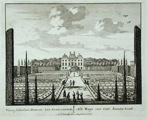 Talo ja puutarhat Saint Annen-Landissa, "Admirandorum Quadruplex Spectaculumista", kirjoittanut Jan van Call (1656-1703), julkaistu ennen vuotta 1715 (kaiverrus)
