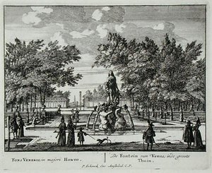 Venuksen lähde suuressa puutarhassa, Jan van Callin (1656-1703) Admirandorum Quadruplex Spectaculumista, julkaistu ennen vuotta 1715 (kaiverrus) tekijältä Pieter Schenk