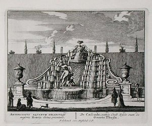 Kaskadi itämaisessa puutarhassa, Jan van Callin (1656-1703) Admirandorum Quadruplex Spectaculumista, julkaistu ennen vuotta 1715 (kaiverrus)