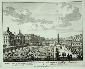 Puutarha Honsholredykissä, Jan van Callin (1656-1703) teoksesta "Admirandorum Quadruplex Spectaculum", julkaistu ennen vuotta 1715 (kaiverrus) tekijältä Pieter Schenk