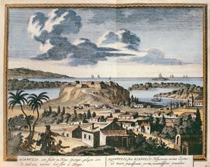 Näkymä Acapulcosta, kuvitus "Hectomopoliksesta", julkaistu Amsterdamissa vuonna 1700
