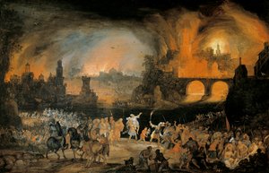 Troijan kaupungin polttaminen. Pieter Schoubroeckin (1570-1607) maalaus. 1606. Kunsthistorisches Museum Wien Itävalta