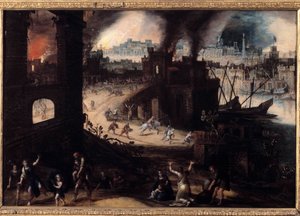Pieter Schoubroeckin (1570-1607) 1600-luvun Besanconin Troijaamaalauksen tuhoaminen. Kuvataidemuseo