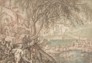 Metsästäjät ja yritys tarkkailevat koiria hakemassa ankkoja lammikosta Huhtikuu, c1610-20. tekijältä Pieter Stevens