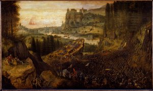 Taistelu filistealaisten ja israelilaisten välillä: Saul ja hänen maaherransa heitetään miekkaansa. (maalaus tekijältä Pieter Bruegel the Elder