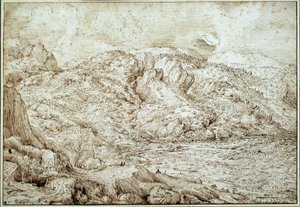 Alppien maisema. Piirustus Pieter Brueghel Dit Vanha mies (1525-1569) Ec. Flam. tekijältä Pieter Bruegel the Elder