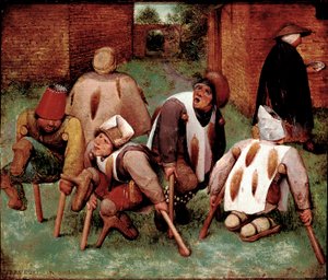 Estropies Ryhmä vammaisia hahmoja, butts-de-jatte (peput). Pieter Bruegelin (tai Breugelin tai Brueghelin tai Breughelin) maalaus dit l