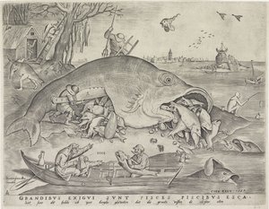 Isot kalat syövät pienet kalat, kaiverrus Pieter van der Heyden, 1557 tekijältä Pieter The Elder after Brueghel