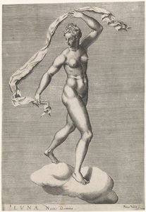 Diana Lunana pilvessä Luna Noctis Domina (otsikko esineessä) Seitsemän planeettaa (otsikko esineessä) tekijältä Pieter Valck