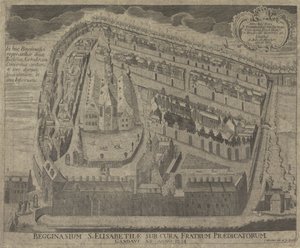 Gezicht op het Sint-Elisabethbegijnhof en de Sint-Elisabethkerk te Gent Pyhän Elisabetin begginasium Gentin saarnaajien hoidossa vuodelta 1234 (otsikko esineessä) tekijältä Pieter Wauters