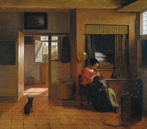 Binnenkamer tapasi moener die het haar van haar kind reinigt, bekend als 