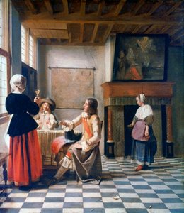 Sisustus, Nainen juomassa kahden miehen kanssa ja palvelijatar, c1658