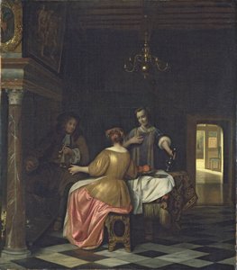 Sisustus, jossa herrasmies ja kaksi naista keskustelevat, n. 1668-70 (öljy kankaalle) tekijältä Pieter de Hooch