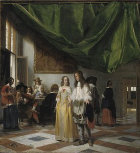 Sisustus nuoren parin ja musiikkia tekevien ihmisten kanssa tekijältä Pieter de Hooch