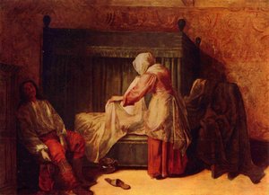 Sotilas vetää saappasta ja nainen petaamassa sänkyä tekijältä Pieter de Hooch