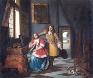 Tunkeilija: Nainen WC:ssä, rakastajansa yllättynyt tekijältä Pieter de Hooch