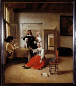 Juomari Alkoholisti nainen flaamilaistalossa muiden juojien ympäröimänä. Pieter de Hoochin (1629-1684) maalaus 1658 Sun. 0,69x0,6 m - Nainen juomassa sotilaiden kanssa. Flanderin talon sisustus. Pieter de Hoochin (1629-1684) maalaus