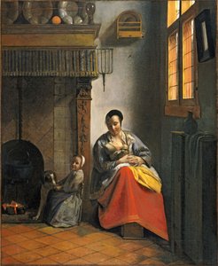 Nainen imettävän lapsen kanssa, lapsen ja koiran kanssa tekijältä Pieter de Hooch