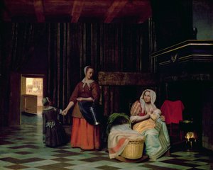 Nainen vauvan kanssa, palveleva piika lapsen kanssa tekijältä Pieter de Hooch