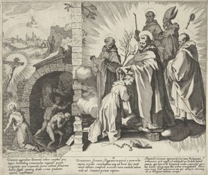 Catharina biddend / Visioen van Catharina / Catharina sanat Dominikaanit Scenes uit het leven en wonderen van de Heilige Catharina van Siena (sarjan nimi) B. Catherine vanhemman elämä, kuolema ja valitut ihmeet (...) (sarjan nimi) tekijältä Pieter de Jode (I)