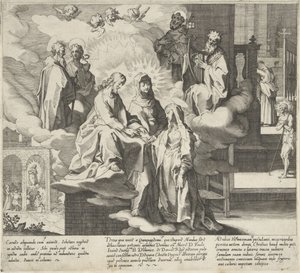 Catherine ilmestyy / Katariinan häät / Catherine jakaa viittansa Kohtauksia Pyhän Katariina Sienan elämästä ja ihmeistä (sarjan nimi) Vita mors gesta, et miracula quaedam selecta B. CATHERINAE SENENSIS (...) (sarjan nimi) tekijältä Pieter de Jode (I)