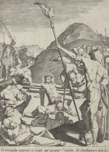 Kristus on naulittu ristille Passion of Christ (sarjan nimi) Passionis et resurrectionis (sarjan nimi) tekijältä Pieter de Jode (I)