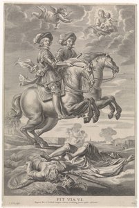 Itävallan Ferdinand yhdessä Böömin ja Unkarin kuninkaan Ferdinandin kanssa hevosen selässä Nördlingenin voitossa Cardinal-Infantin iloinen tulo Gentiin, 1635 (sarjan nimi)