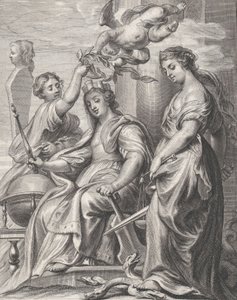 Hyvän hallinnon allegoria, joka istuu keskellä ja jonka kruunaavat putto ja wo..., n. 1640-74. tekijältä Pieter de Jode II